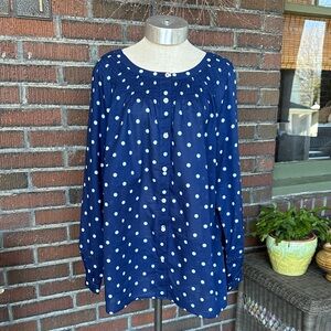 Talbots cotton navy blue/white polka dot smocked flowy fit button top. Sz 1X